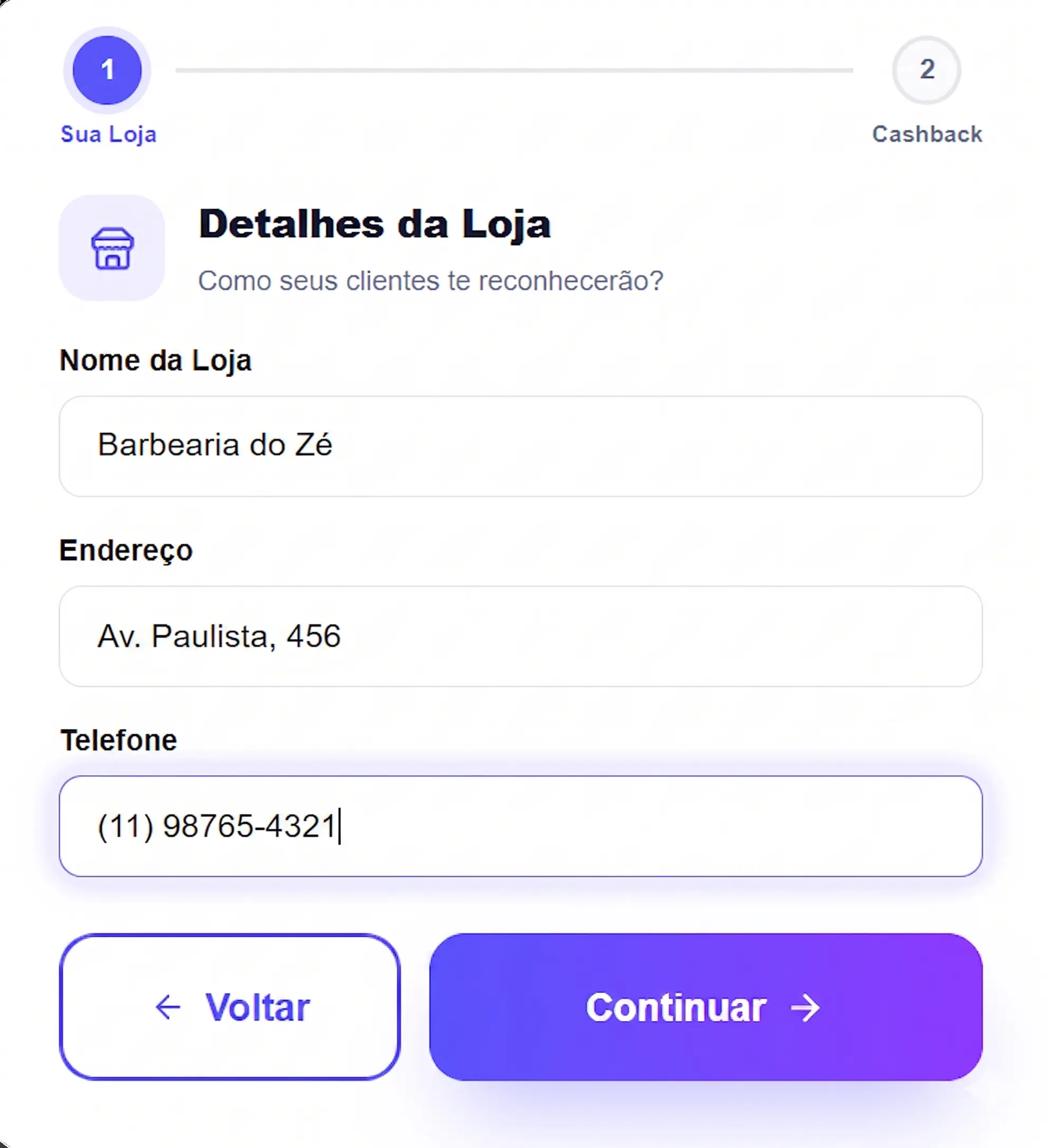 Cadastre os dados da loja