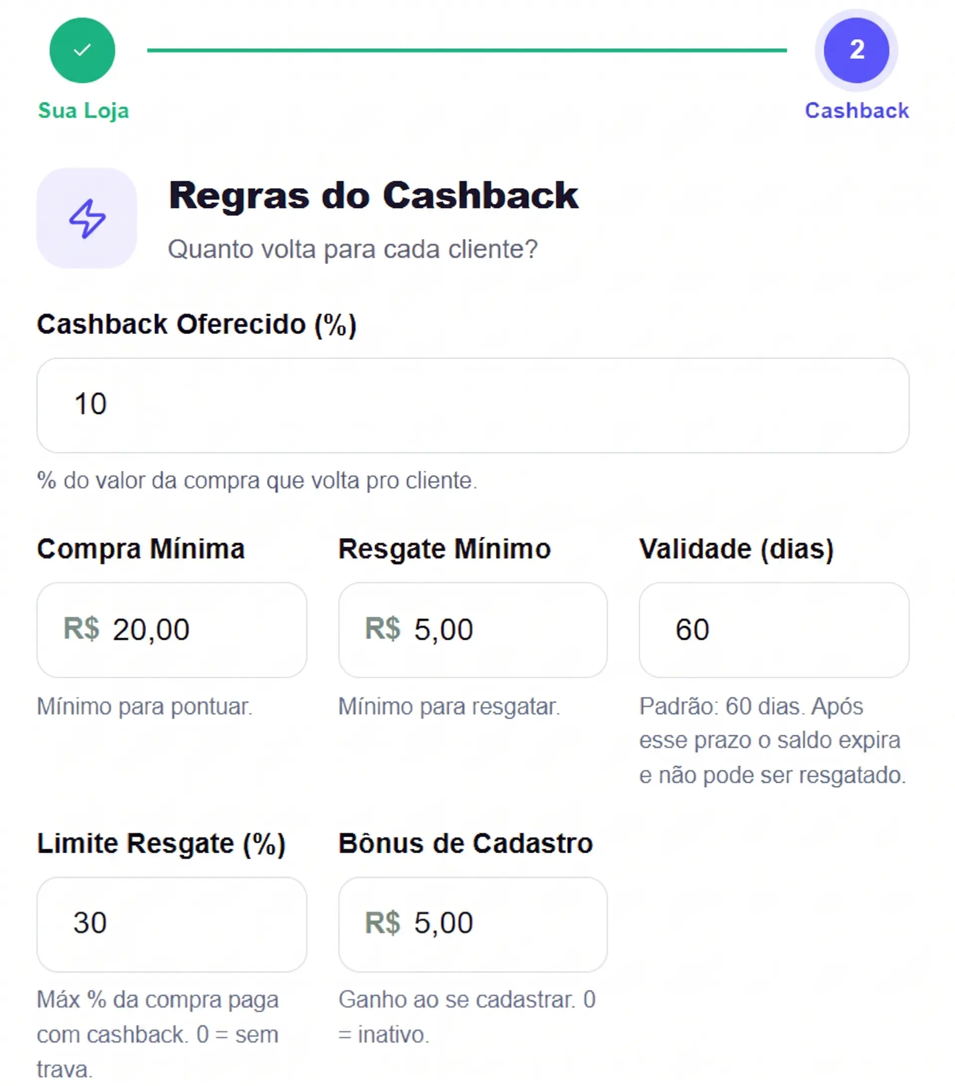 Defina as regras do cashback